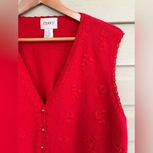 JENNY vintage red sweater vest cotton cardigan knit embroidered cottage sz L EUC